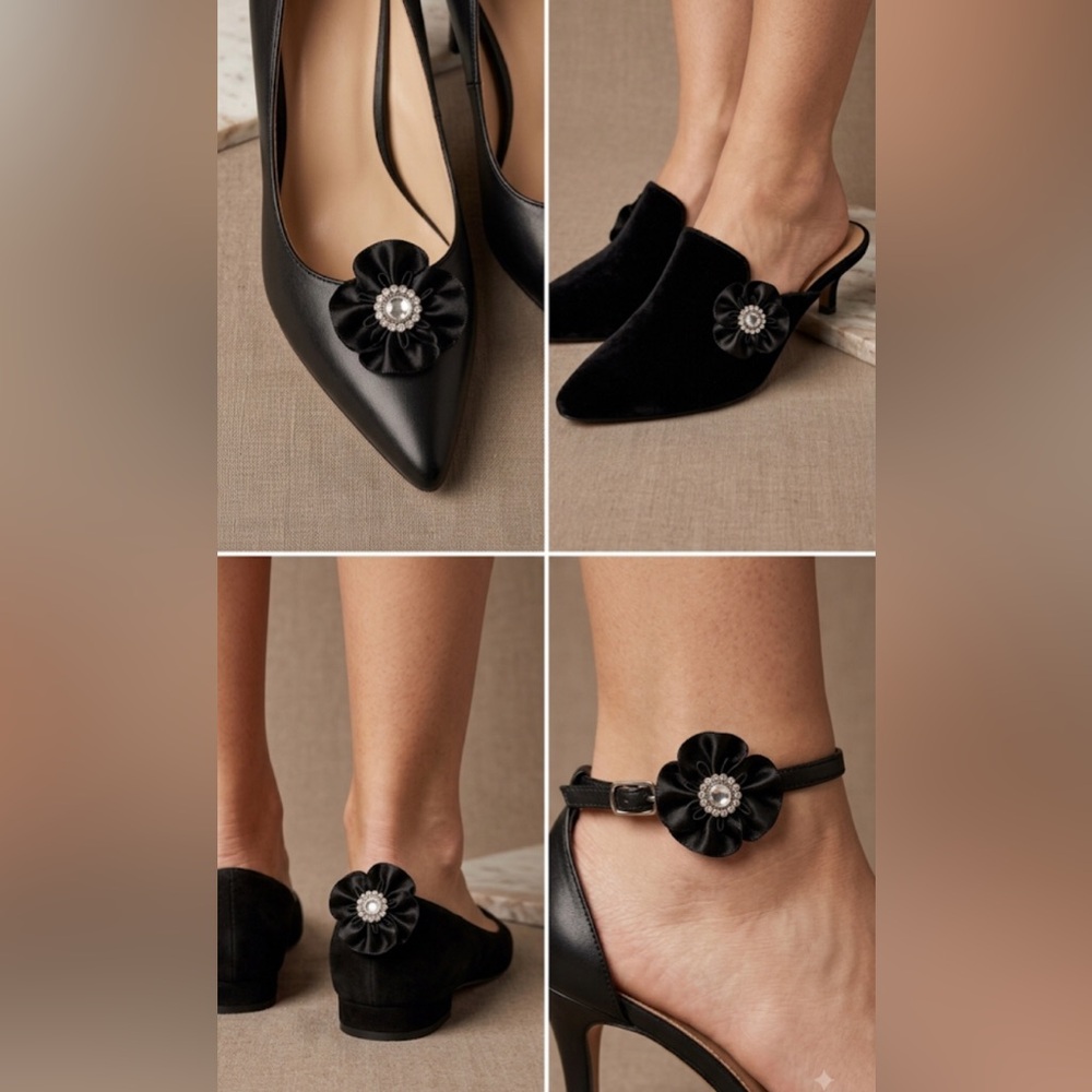 Vintage black flower shoe clips NEW